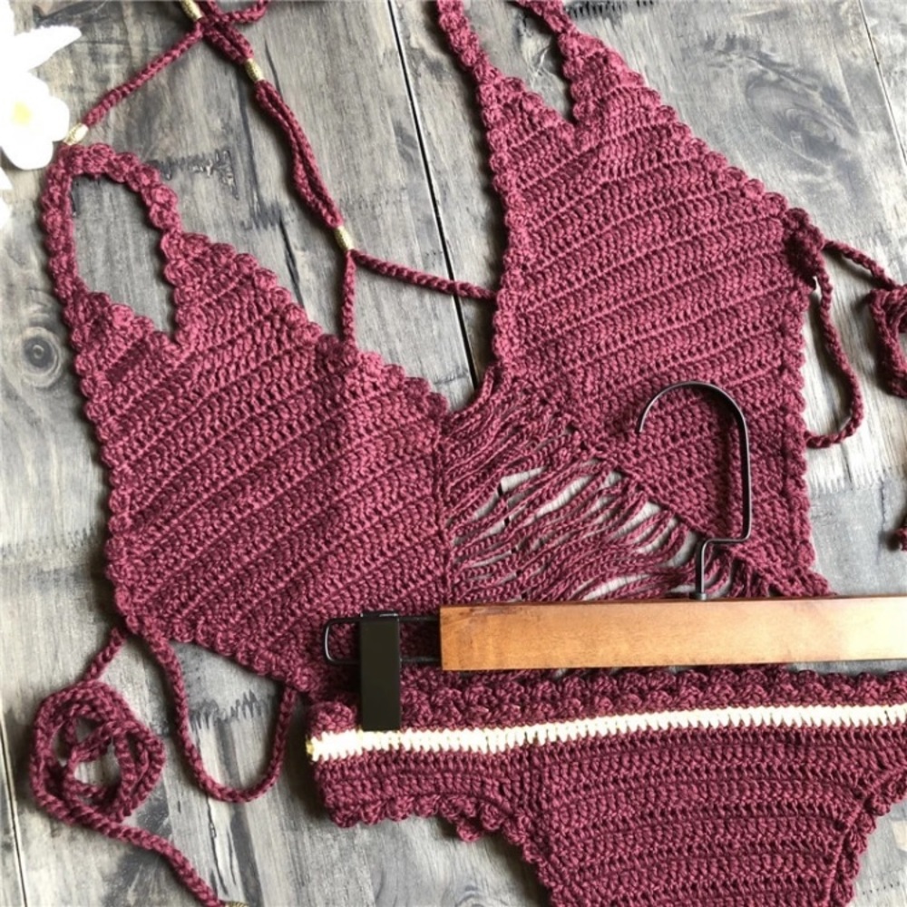 Boho Crochet Burgundy Bikini Set - Picture 5 of 6